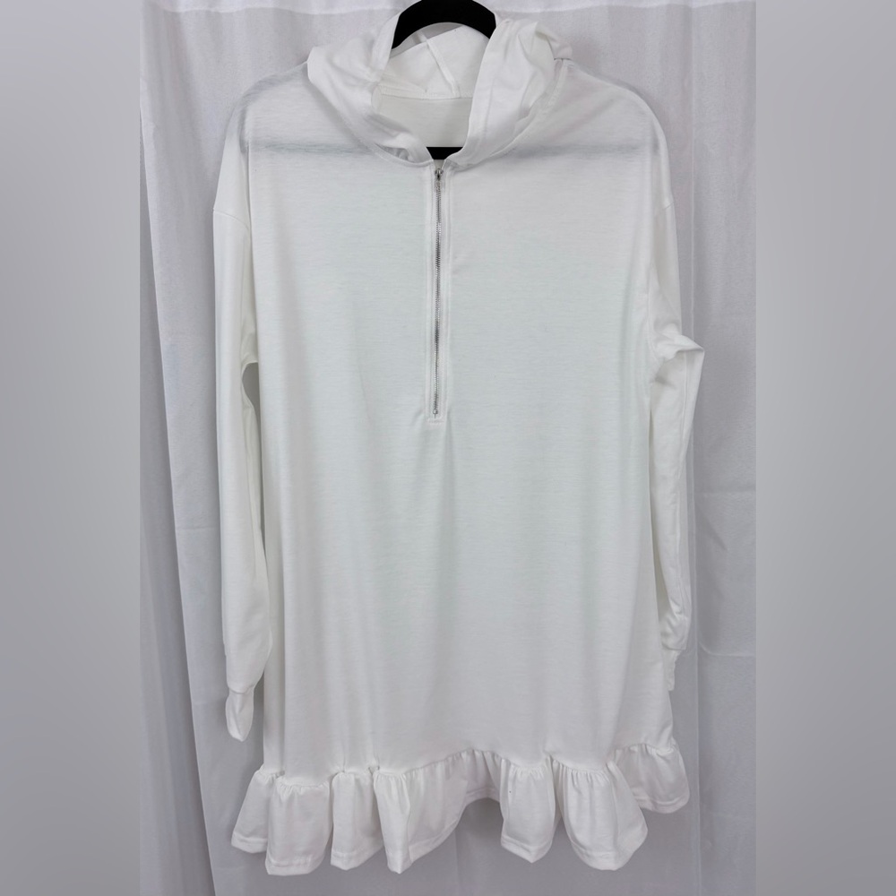 White Long Sleeve Hooded Mini Dress/Cover Up w/ Front Zipper & Ruffle Trim Small - Picture 6 of 7